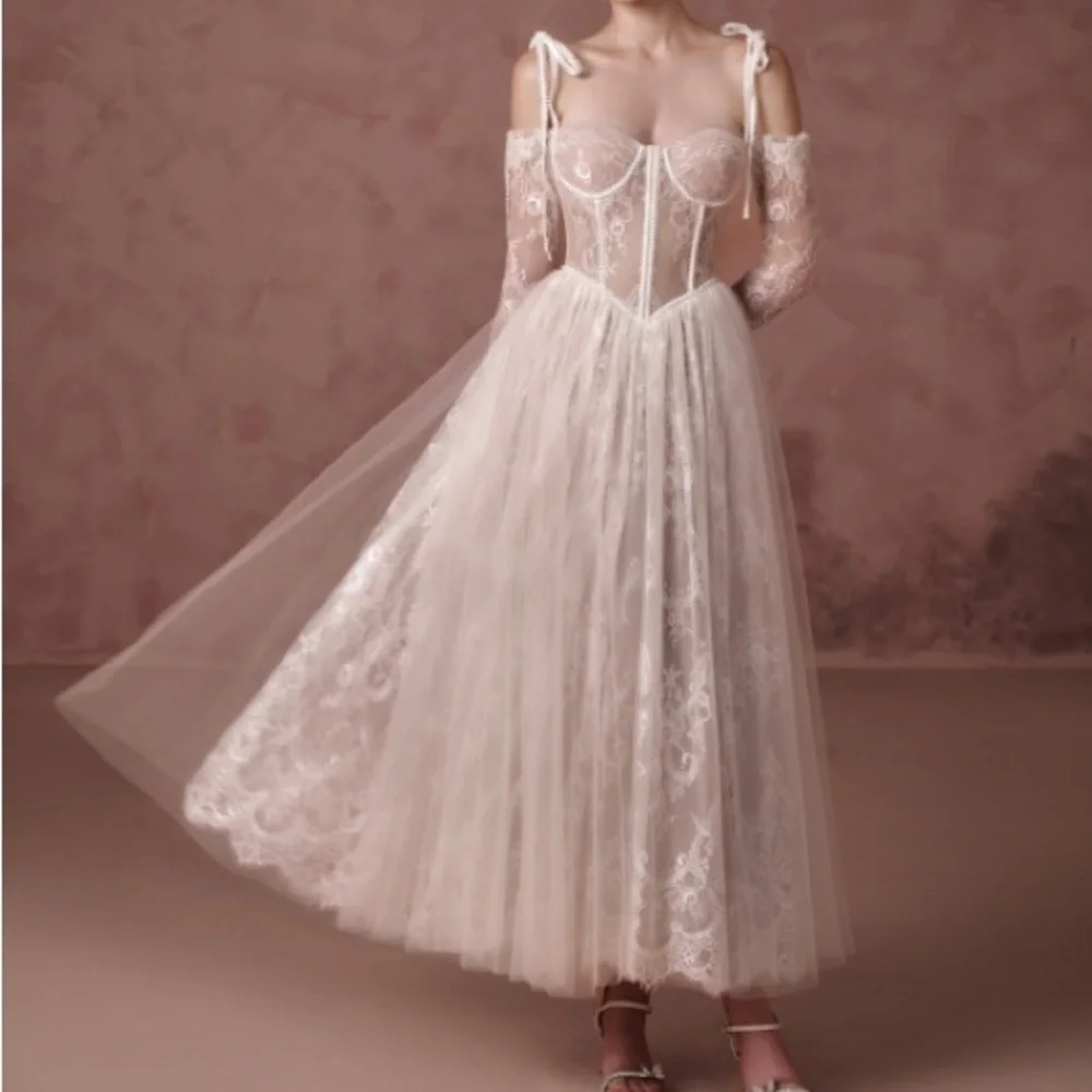 Embroidered Lace White Midi Corset Dress - Picture 5 of 11